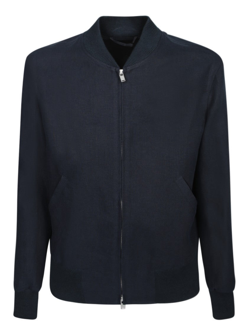 Lardini Lardini Blue Linen Bomber Jacket With Ribbed Accents