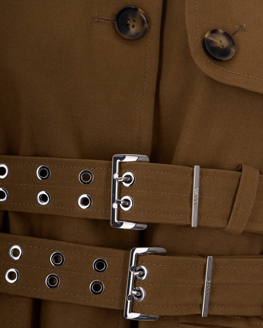 Ganni Peplum Canvas Jacket With Adjustable Belts And Puffed Sleeves