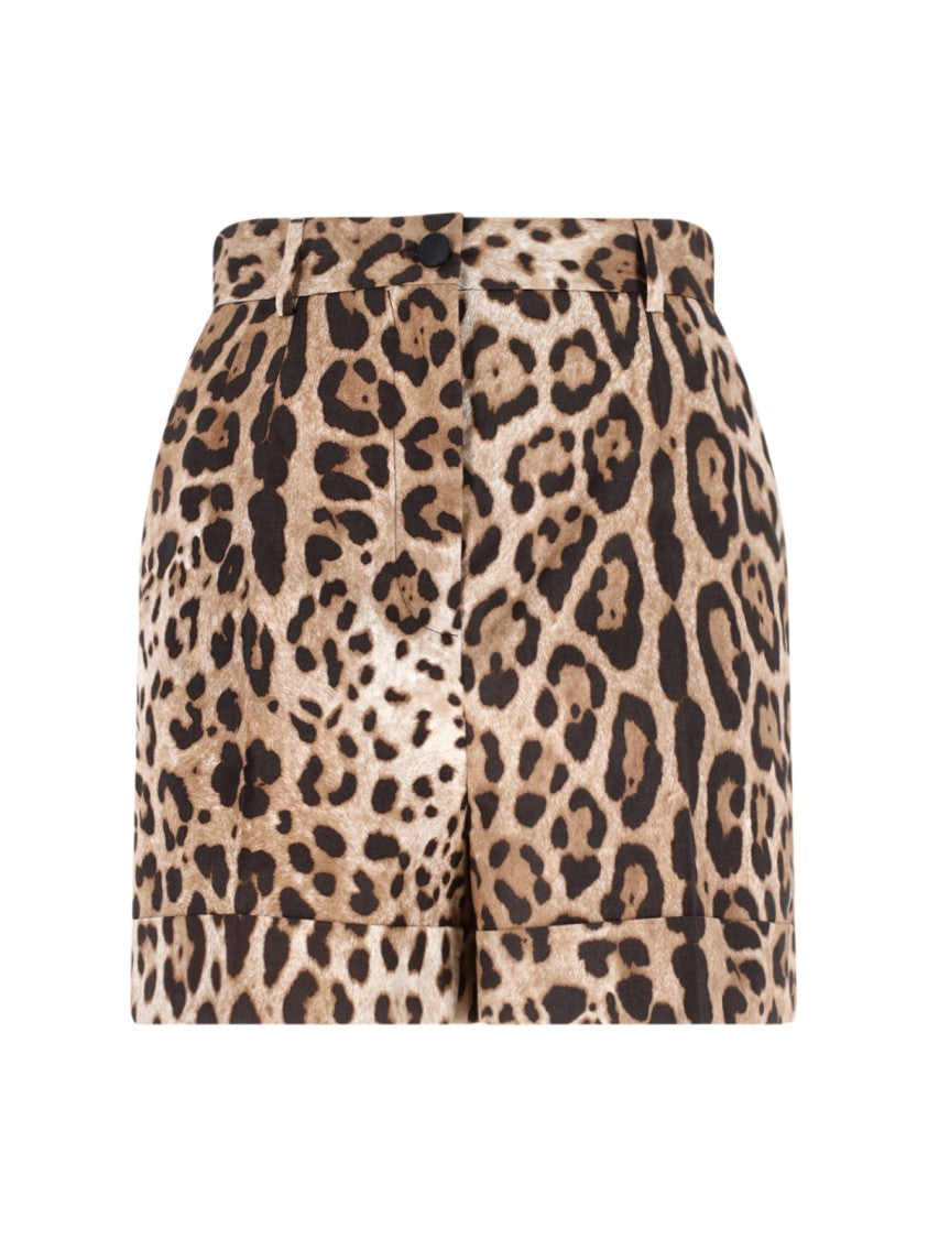 Dolce & Gabbana Animalier Shorts In Brown Cotton, Mid-Rise