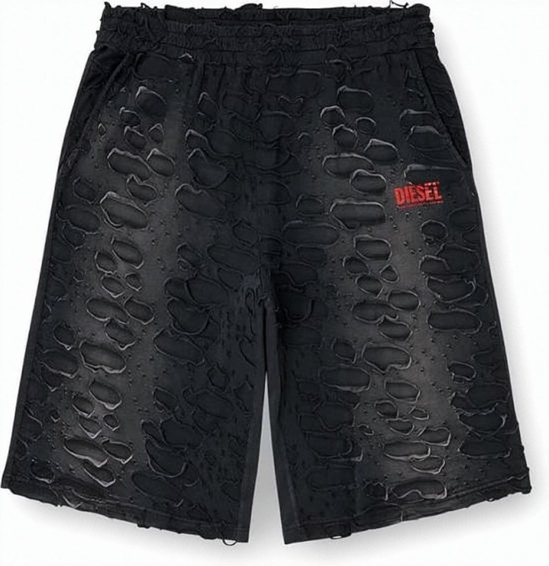 Diesel Distressed Black Shorts With Cut-Out Details