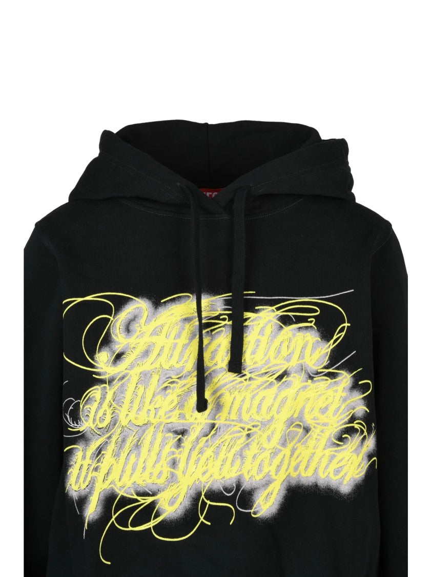 Diesel Cropped Black Hooded Sweatshirt With Artistic Graphic Design