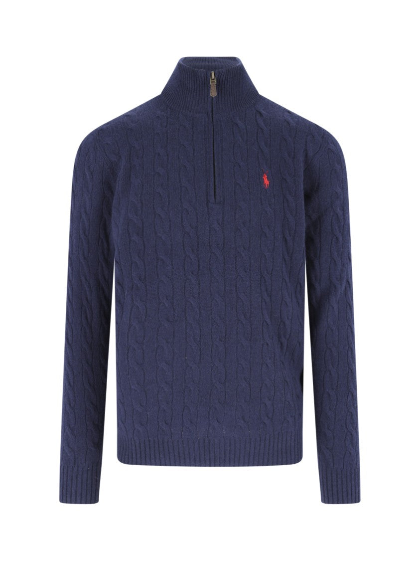 Polo Ralph Lauren Blue Cable Knit Wool-Cashmere Zip-Through Knit