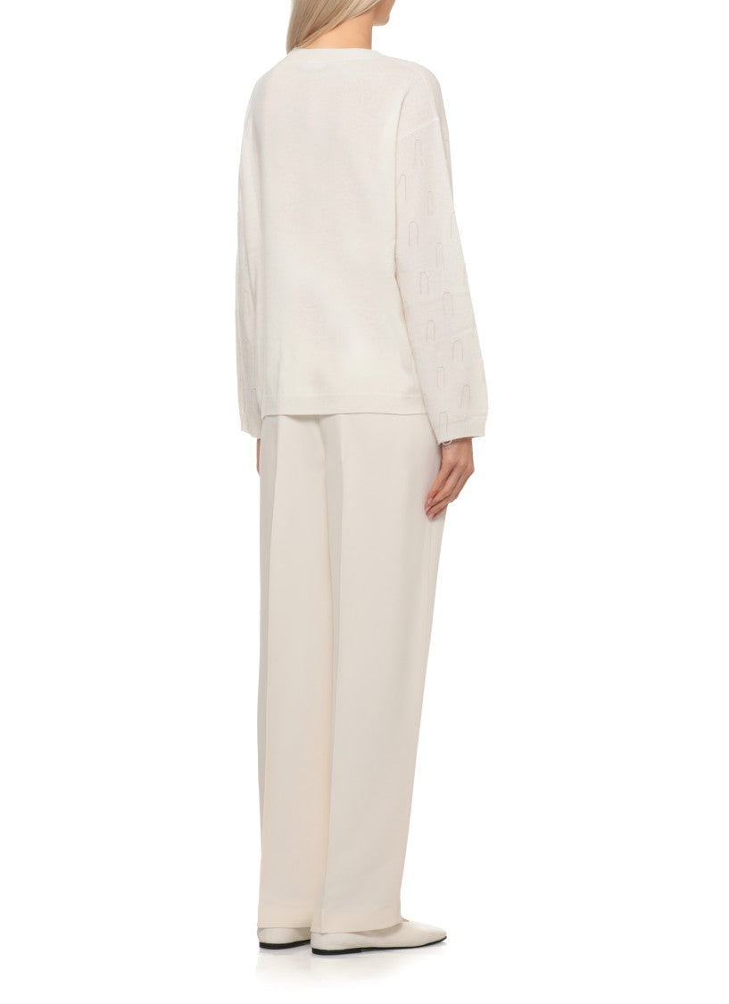 Fabiana Filippi Ivory Wool Blend Sweater With Ribbed Trims And Point Detail