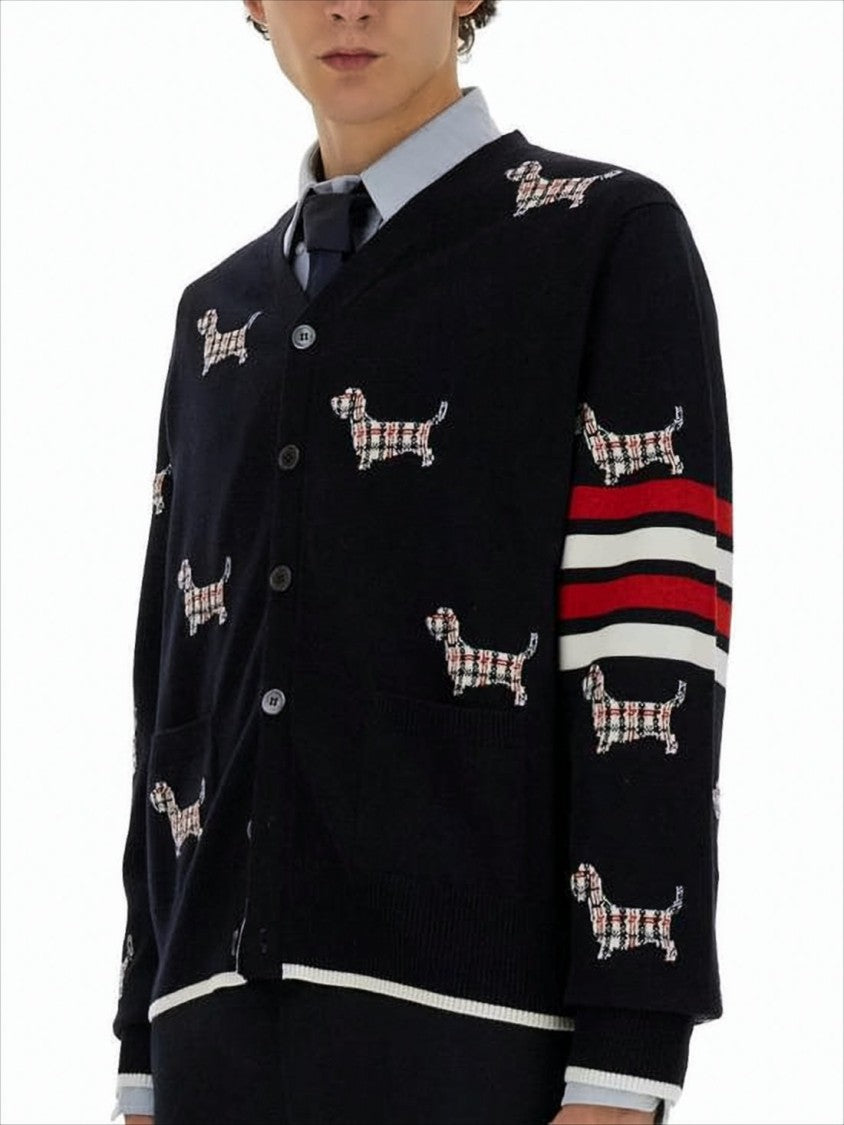 Thom Browne Black Wool Blend Cardigan With Playful Dog Motif