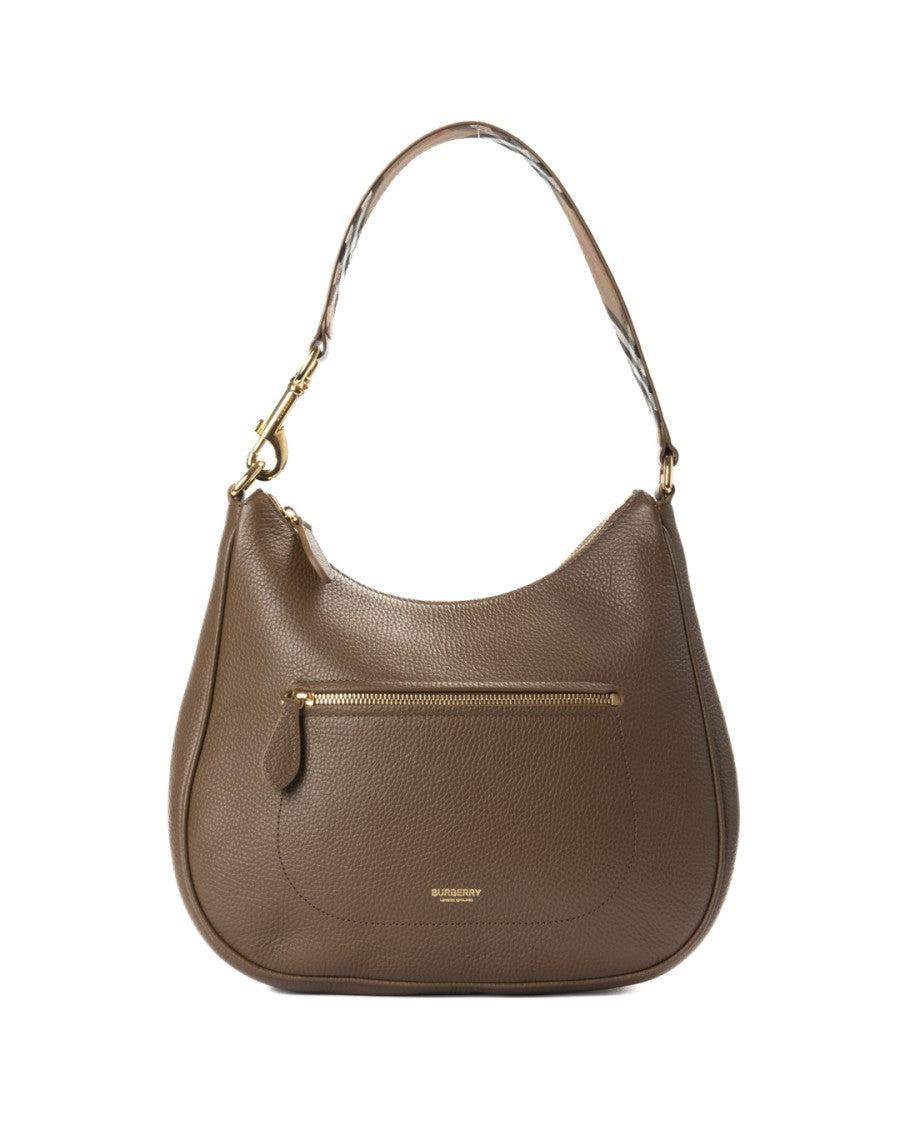 Burberry Medium Hobo Bag In Grained Brown Leather With Gold Accents