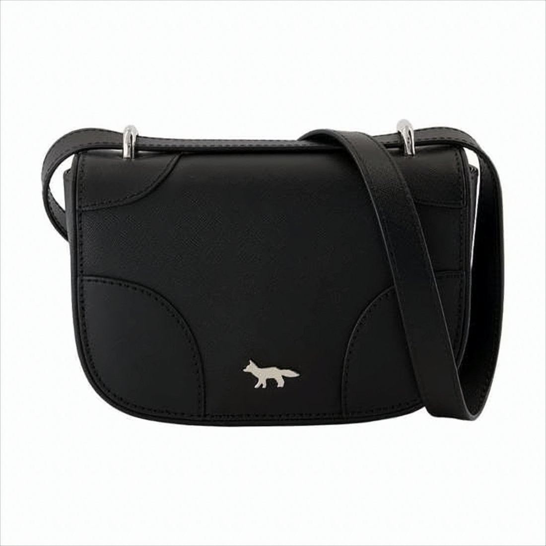 Maison Kitsuné Structured Black Cowhide Leather Shoulder Bag With Fox Emblem