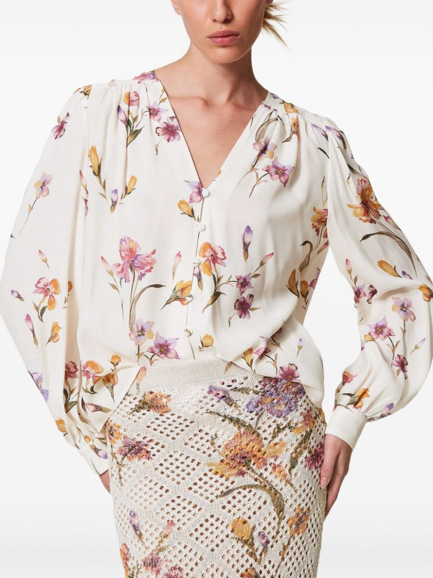 Twin-Set V-Neck White Shirt With Floral Print