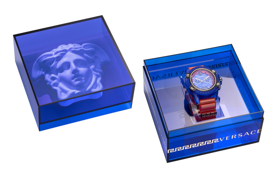Versace Quartz Chronograph Watch With Blue Dial And Orange Strap