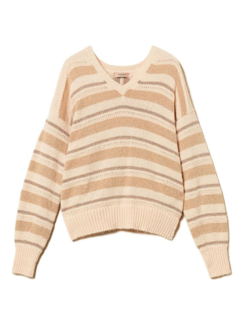 Twin-Set Fuzzy Striped Knit Sweater With V-Neckline