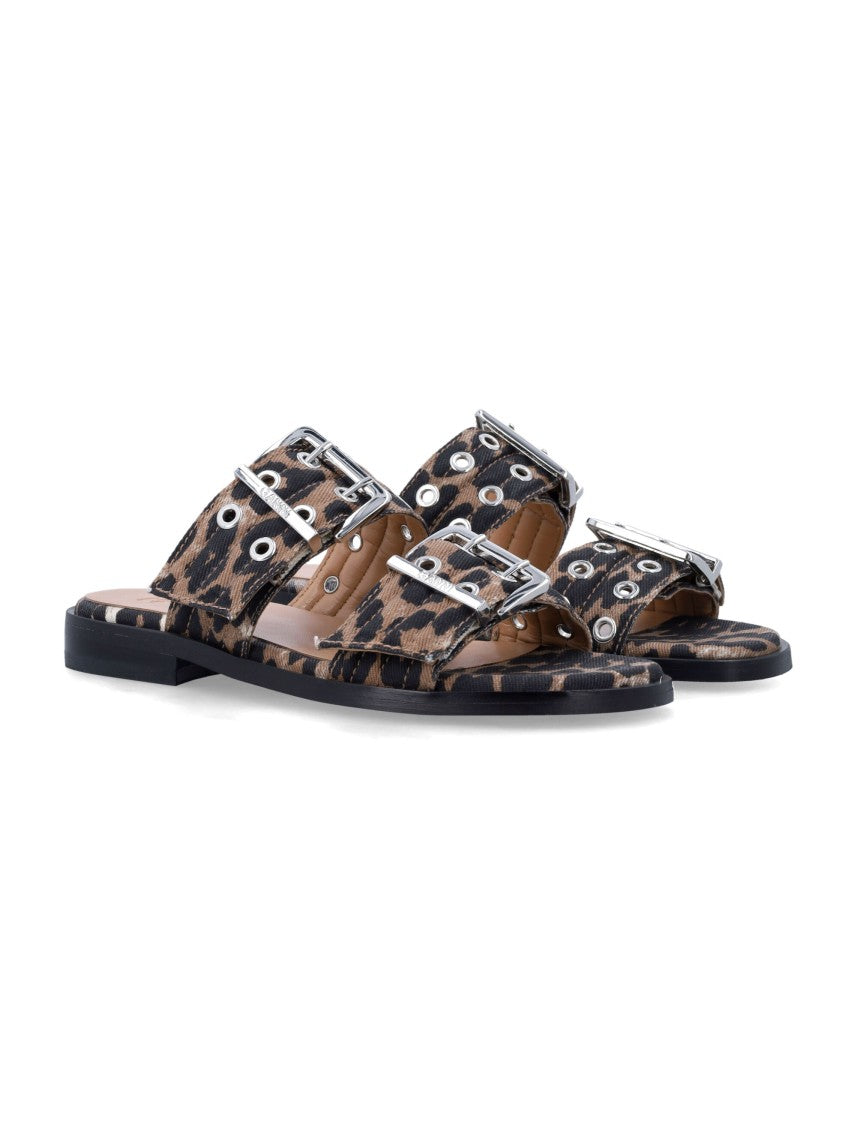 Ganni Two Strap Animal Print Sandals