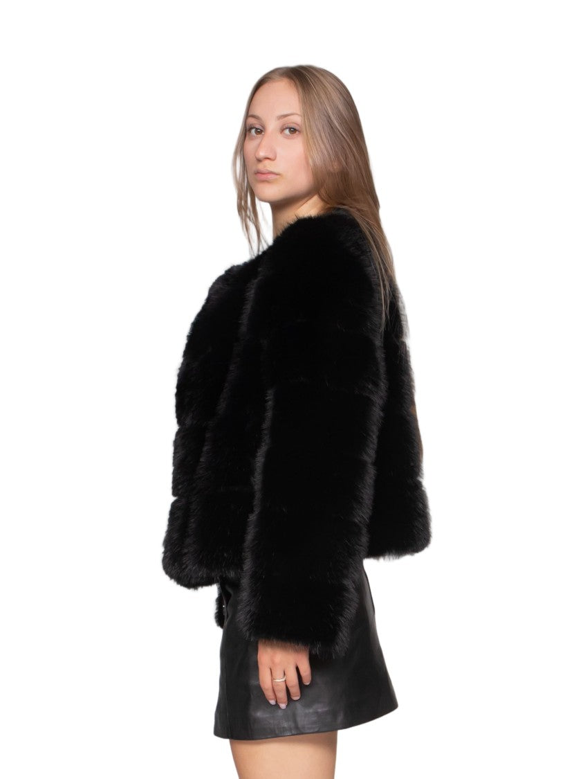 Diego M Black Cropped Faux Fur Bomber Jacket