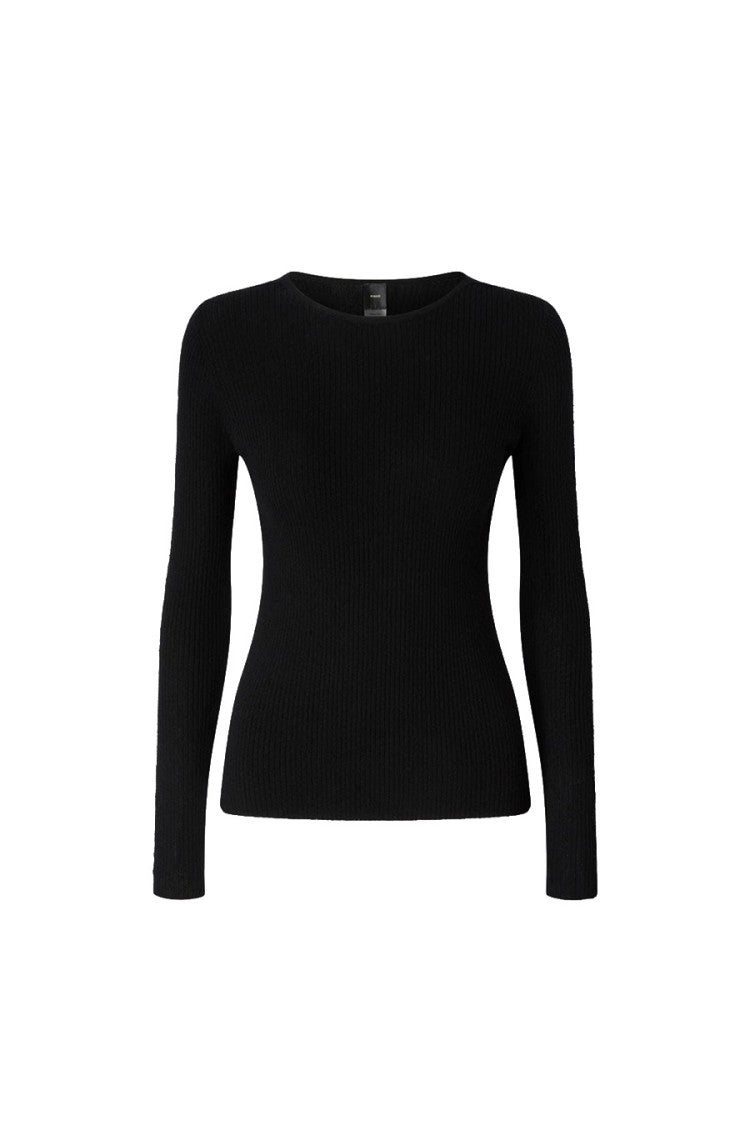 Pinko Black Wool-Cashmere Blend Ribbed Crew-Neck Sweater