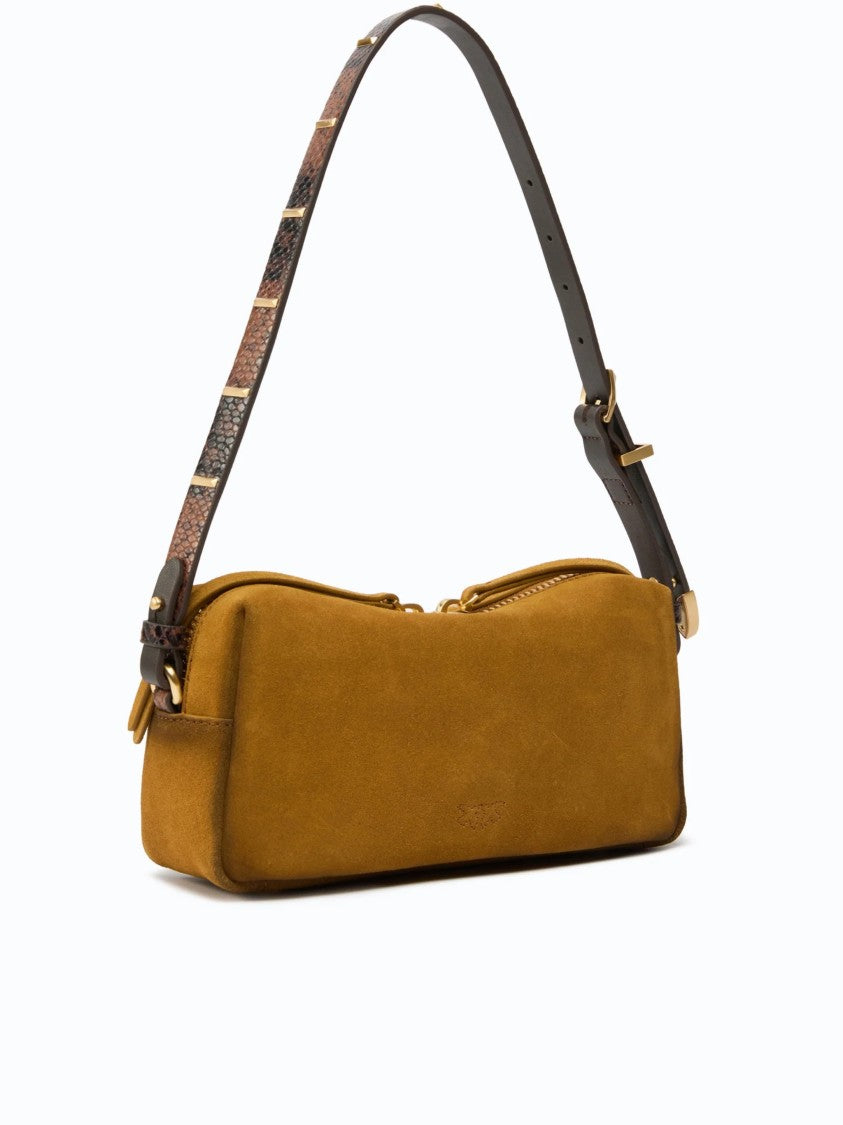 Pinko Rectangular Mini Suede Shoulder Bag With Textured Strap