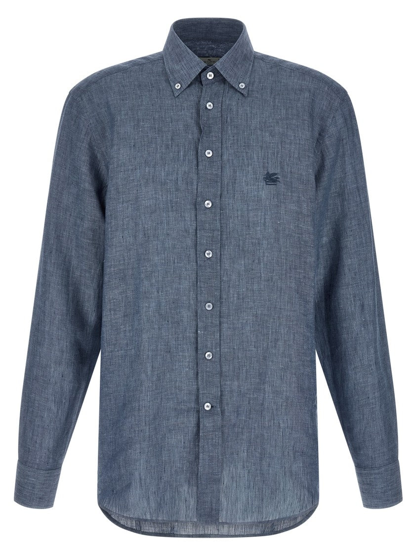 Etro Mélange Linen Shirt With Tone-On-Tone 'Pegaso' Embroidered Logo