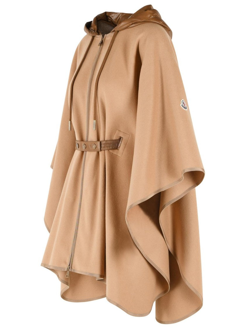 Moncler Beige Virgin Wool Blend Cape With Removable Hood And Iconic Logo