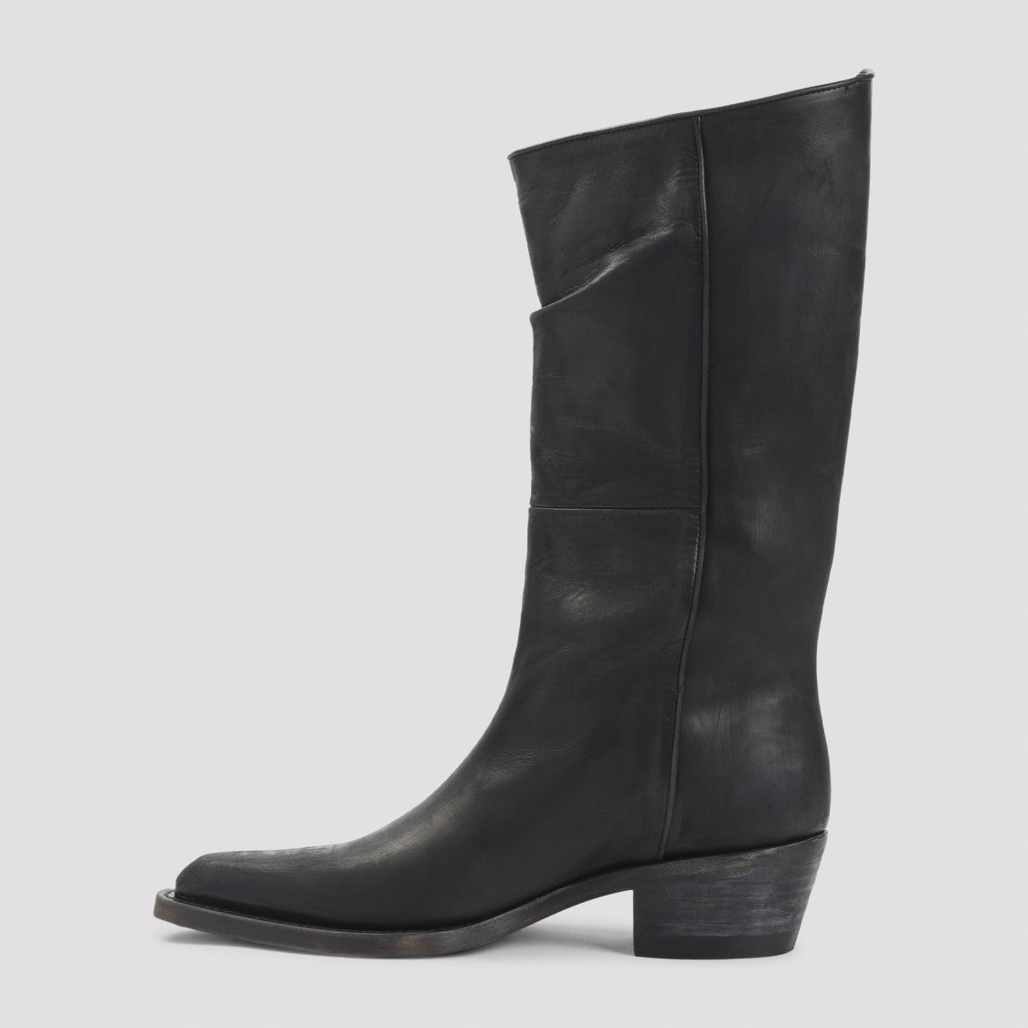 Khaite Mid-Calf Black Leather Boots With Pointed Toe And Stacked Heel