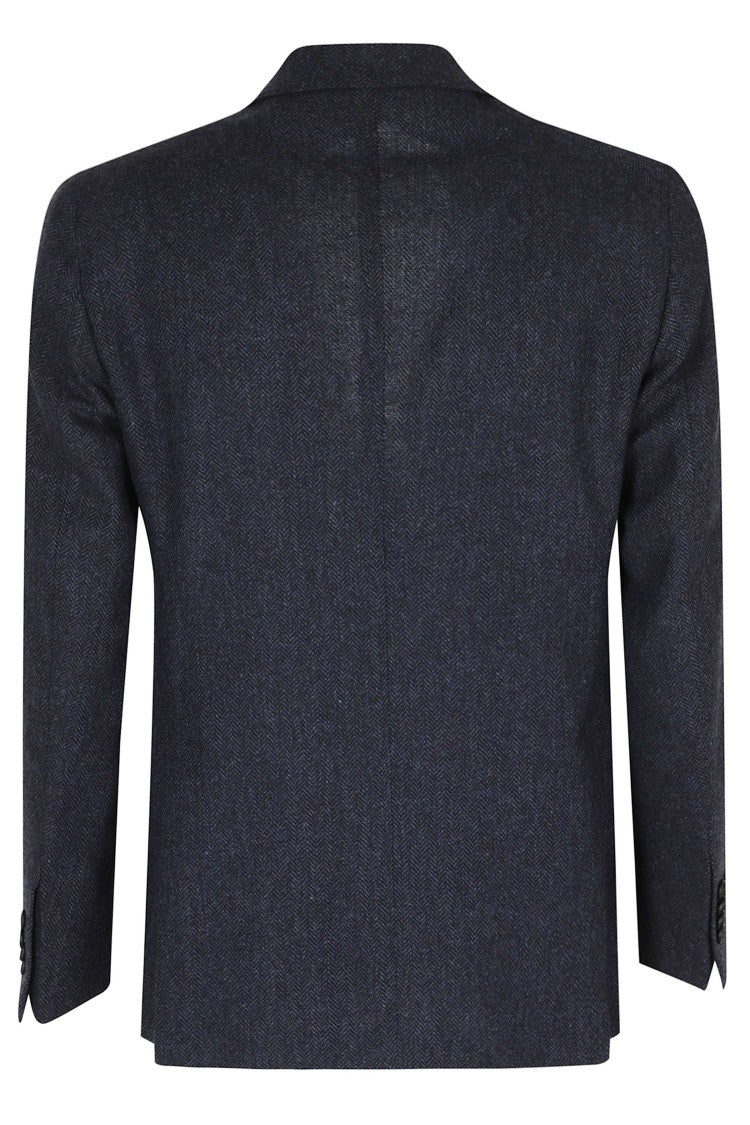 Tagliatore Blue Spina Houndstooth Herringbone Virgin Wool Blazer