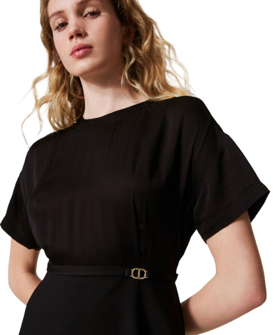 Twin-Set Black Crêpe De Chine Punto Milano Trompe L'oeil Midi Dress