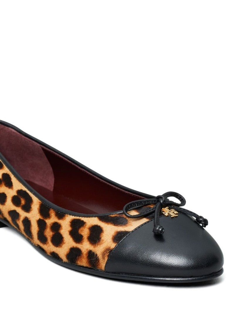 Tory Burch Leopard Print Bow-Detail Ballerina Shoes In Smooth Grain Calf Leather