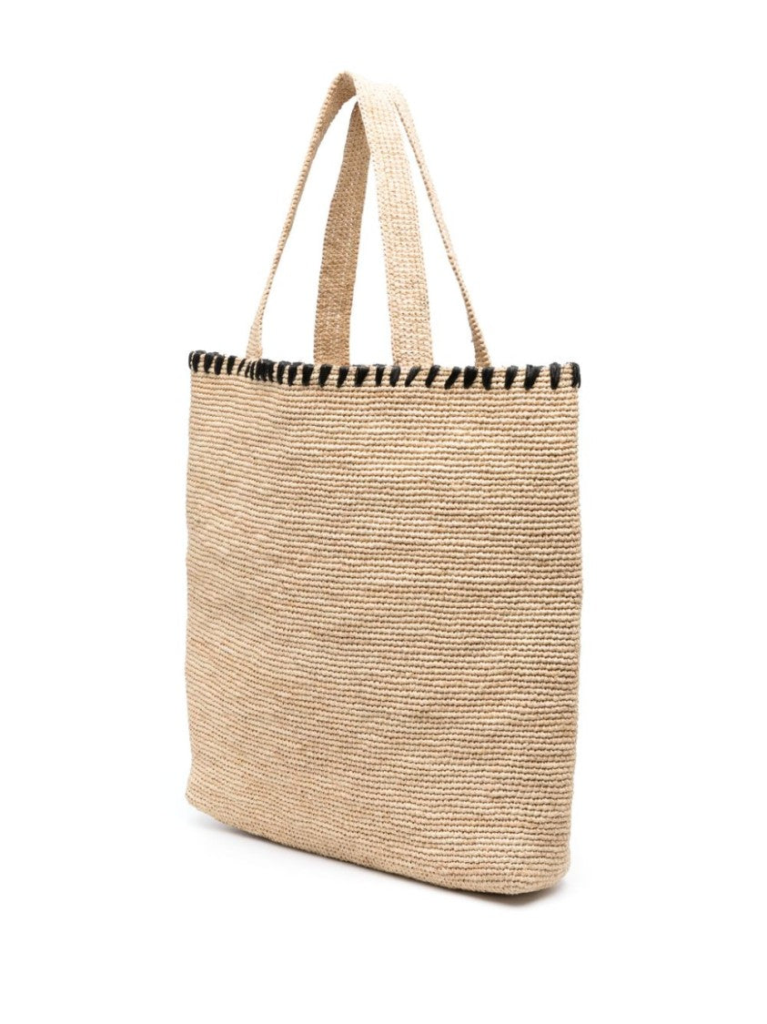 Lanvin Beige Raffia Embroidered Logo Tote Bag