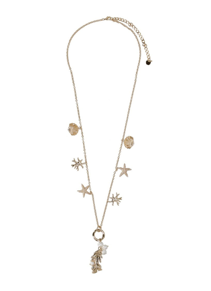 Self-Portrait Marine-Inspired Gold Charm Necklace With Textured Coral