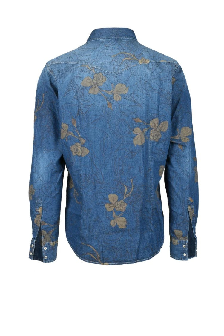 Ognunolasua Blue Floral Cotton Denim Shirt