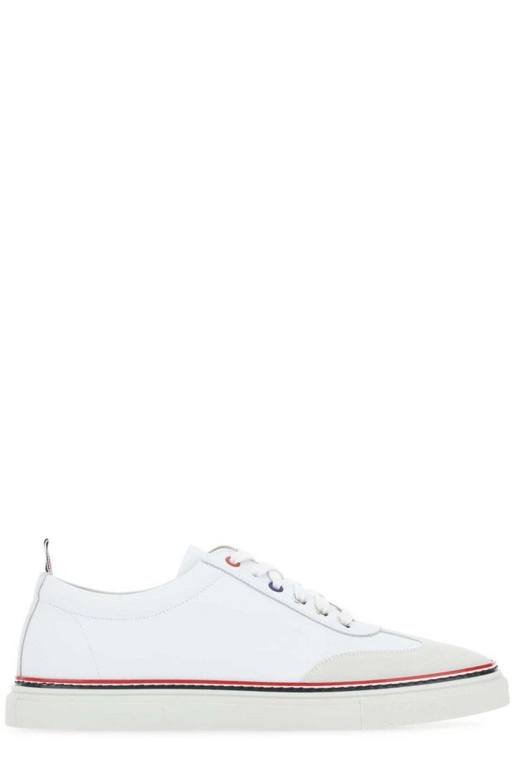 Thom Browne Low-Top White Leather Sneakers With Suede Accents And Signature Detailing