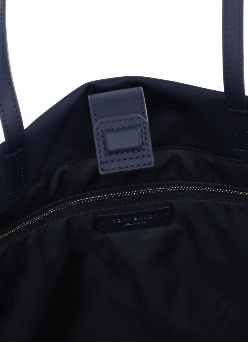 Tory Burch Structured Blue Shopping Bag With Iconic Logo Pocket
