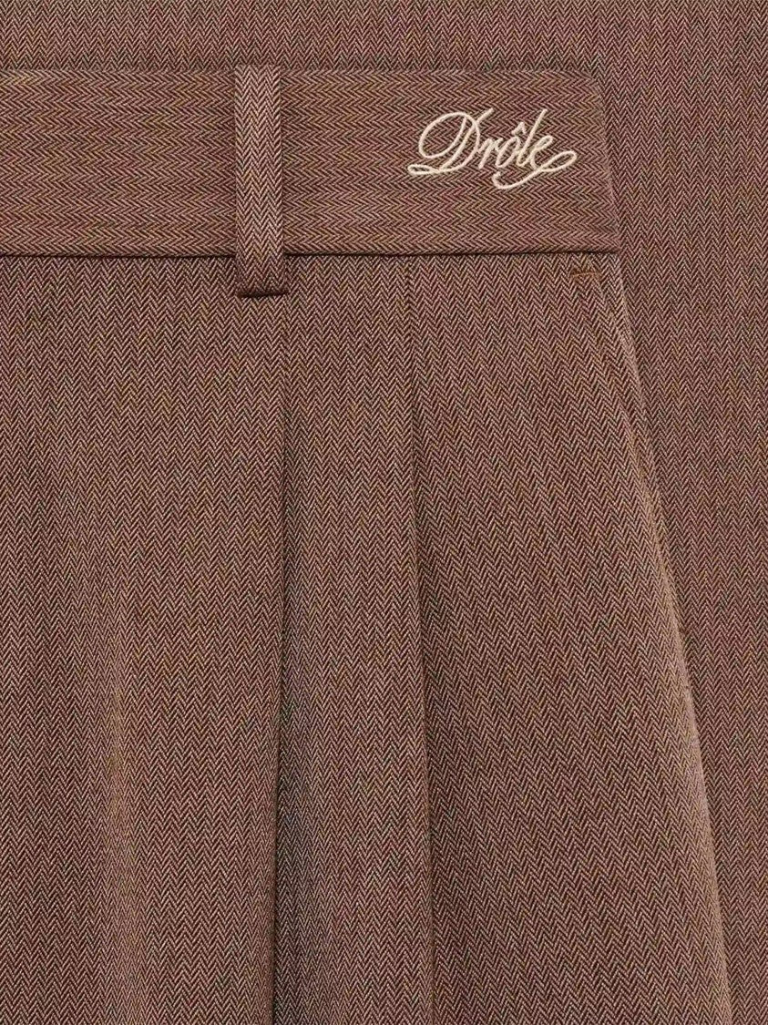 Drôle De Monsieur Tailored Herringbone Shorts With Pleated Front And Embroidered Logo