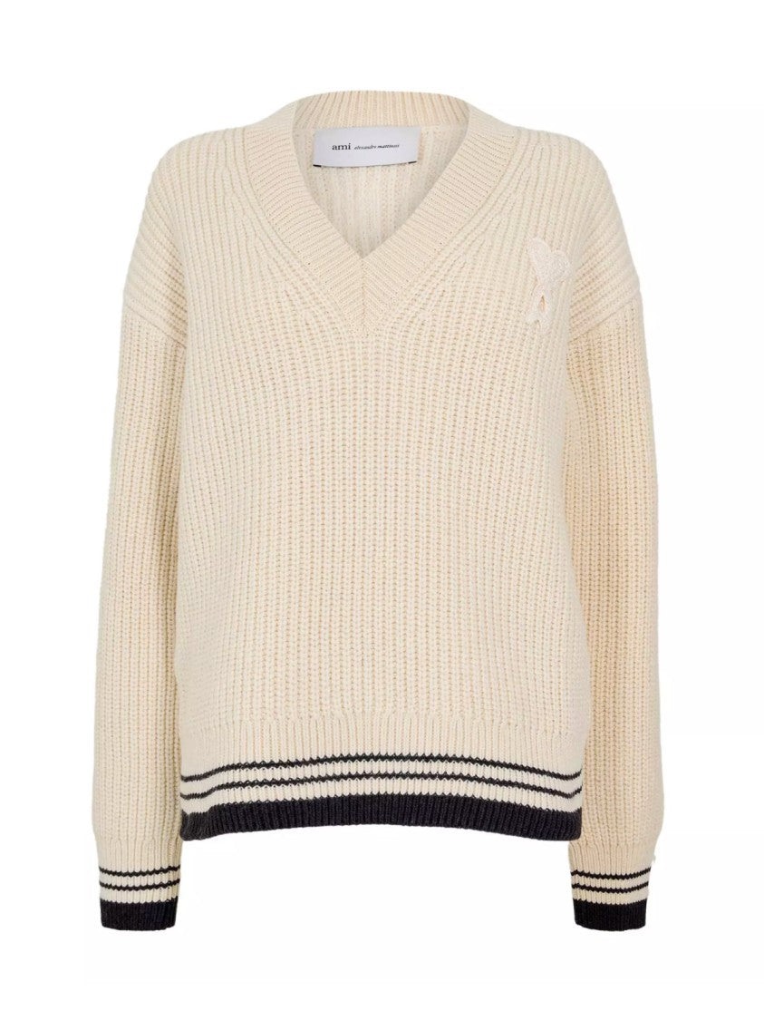 Ami Paris Ribbed V-Neck Knit Sweater With Logo Detailing