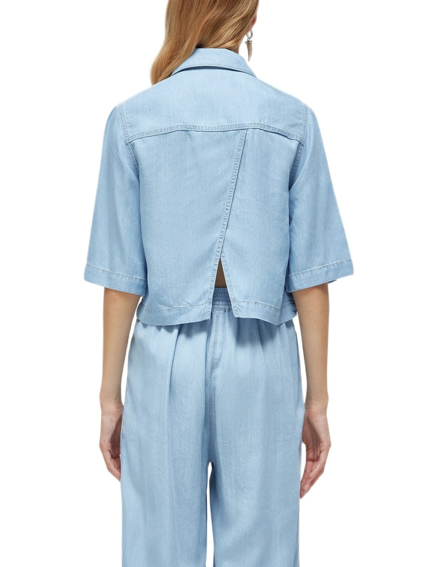 Blugirl Boxy Denim Shirt With Elbow-Length Sleeves And Overlapping Slit