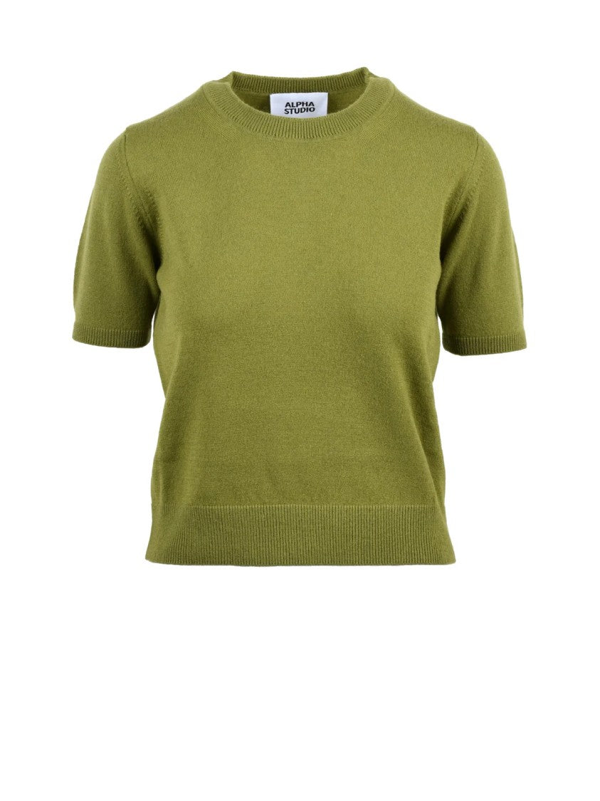 Alpha Studio Fitted Short-Sleeve Wool Sweater In Pistachio Green