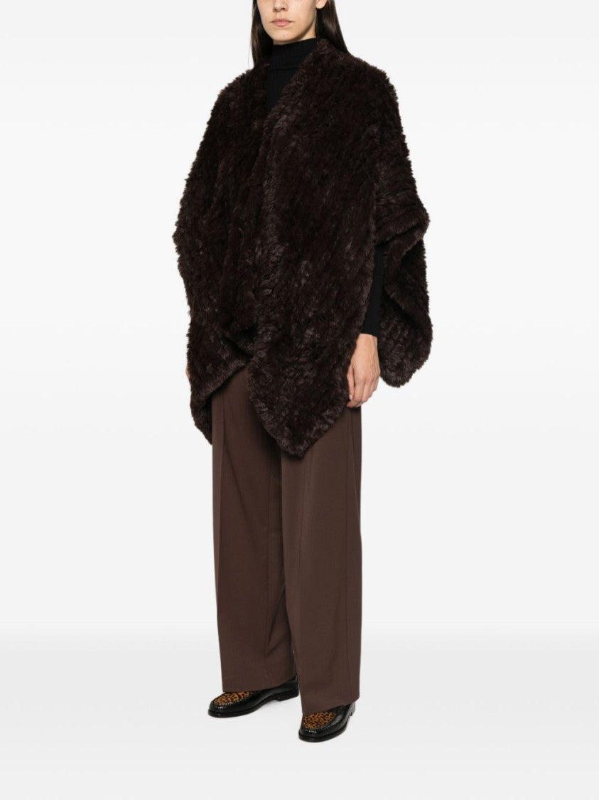 Pinko Brown Plush Textured Wide Arm Openings Faux Fur Cape