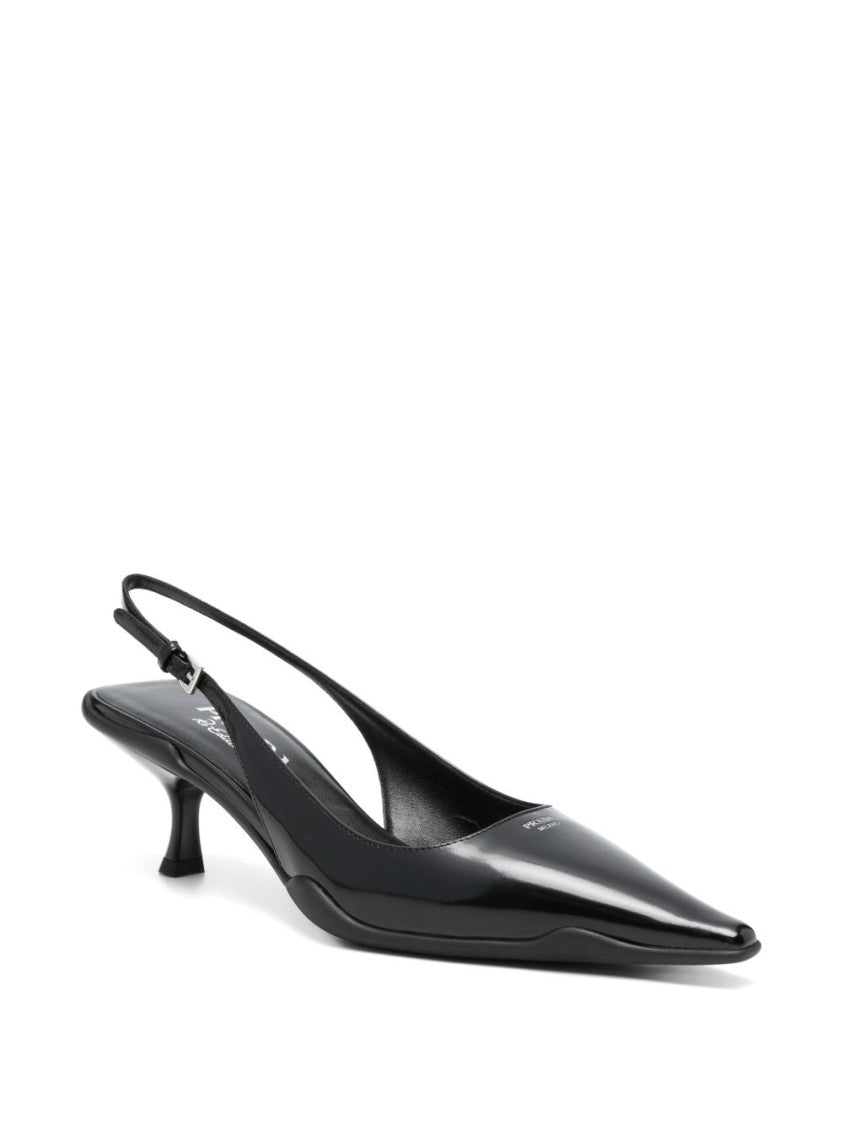 Prada Glossy Calf Leather Pointed Toe Slingback Flats