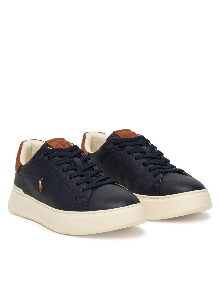 Polo Ralph Lauren Navy Leather Low-Top Sneakers With Contrasting Brown Accents