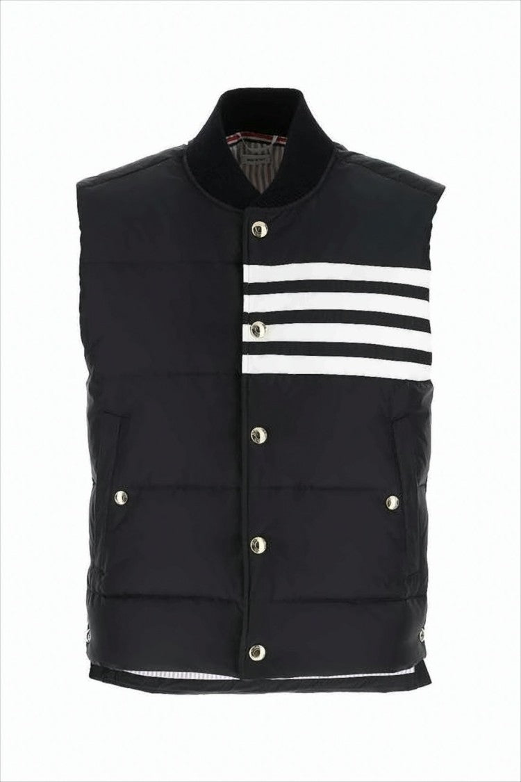 Thom Browne Navy Padded Vest With High Collar And Stripe Accents