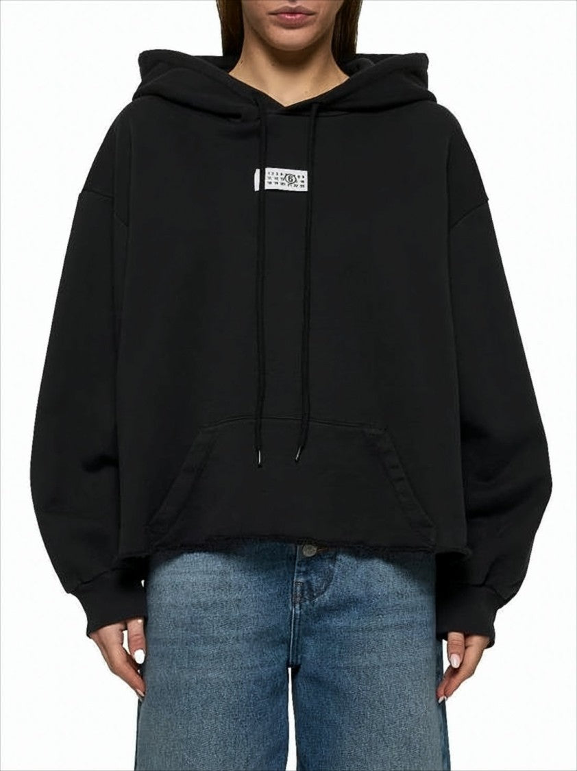 Mm6 By Maison Margiela Cropped Black Cotton Hoodie With Distinctive Logo Patch