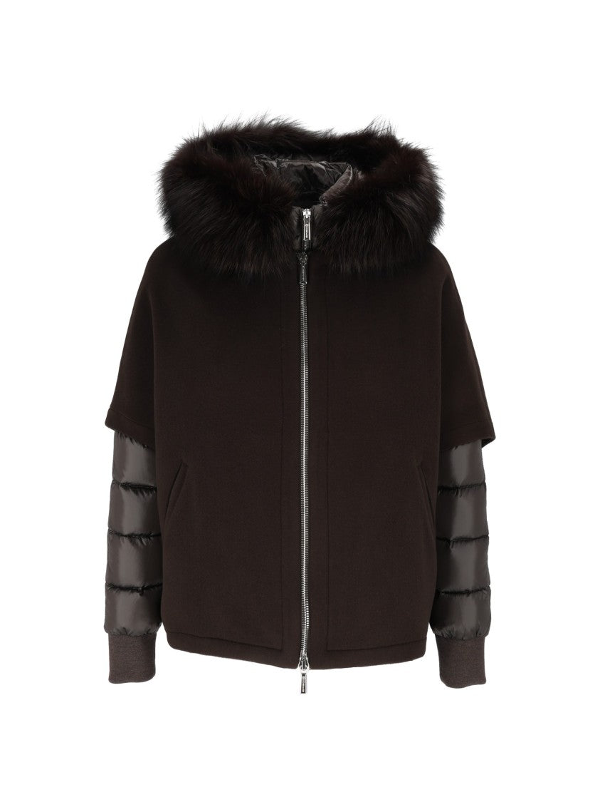 Moorer Pegaso-Cwr Cioccolato Boxy Quilted-Sleeve Padded Fur-Trimmed Short Jacket