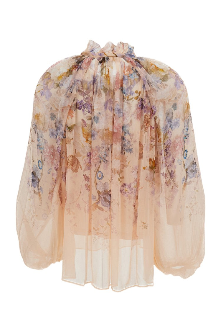 Zimmermann Pink/Floral Floral Valiant Billow Silk Slip-Set Blouse