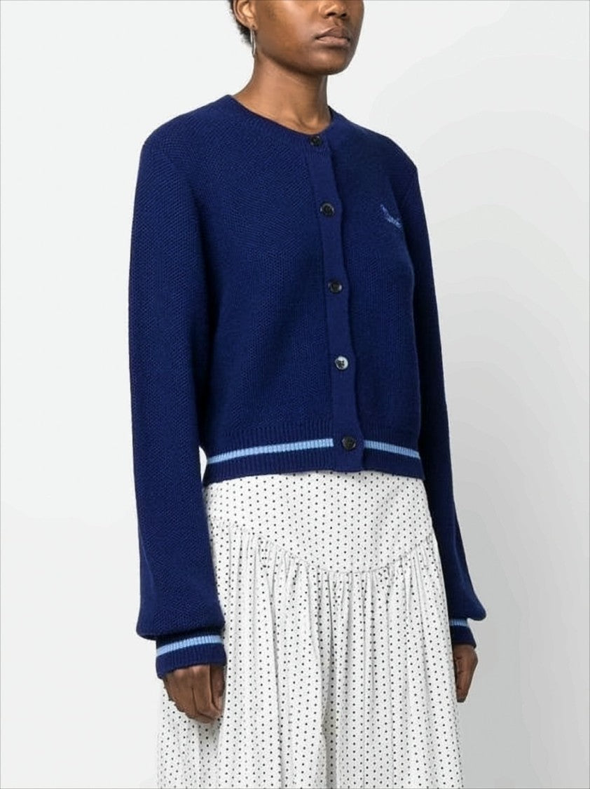 Marni Cropped Deep Navy Cardigan With Textured Wool And Contrasting Stripes