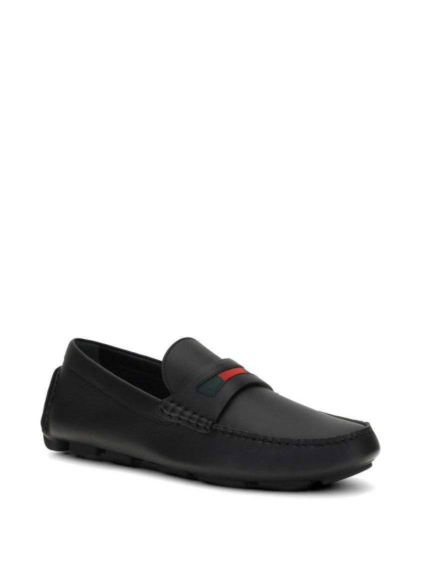Gucci Black Leather Web Detail Loafers