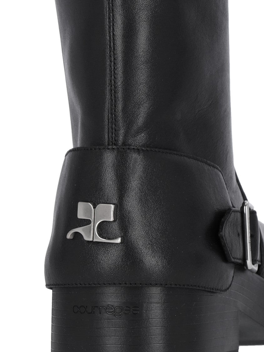 Courrèges Americana Strappy Boots In Black Hammered Leather