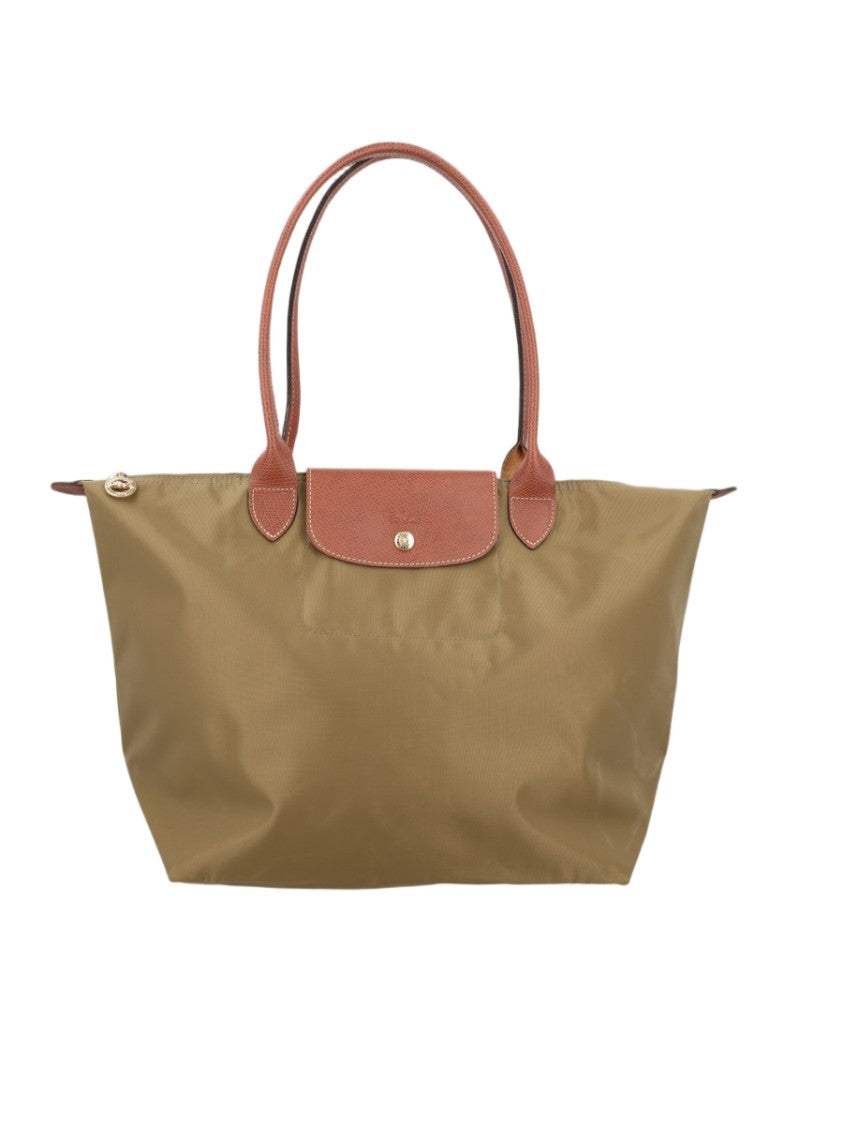 Longchamp Spacious Olive Tote Bag With Contrasting Brown Flap