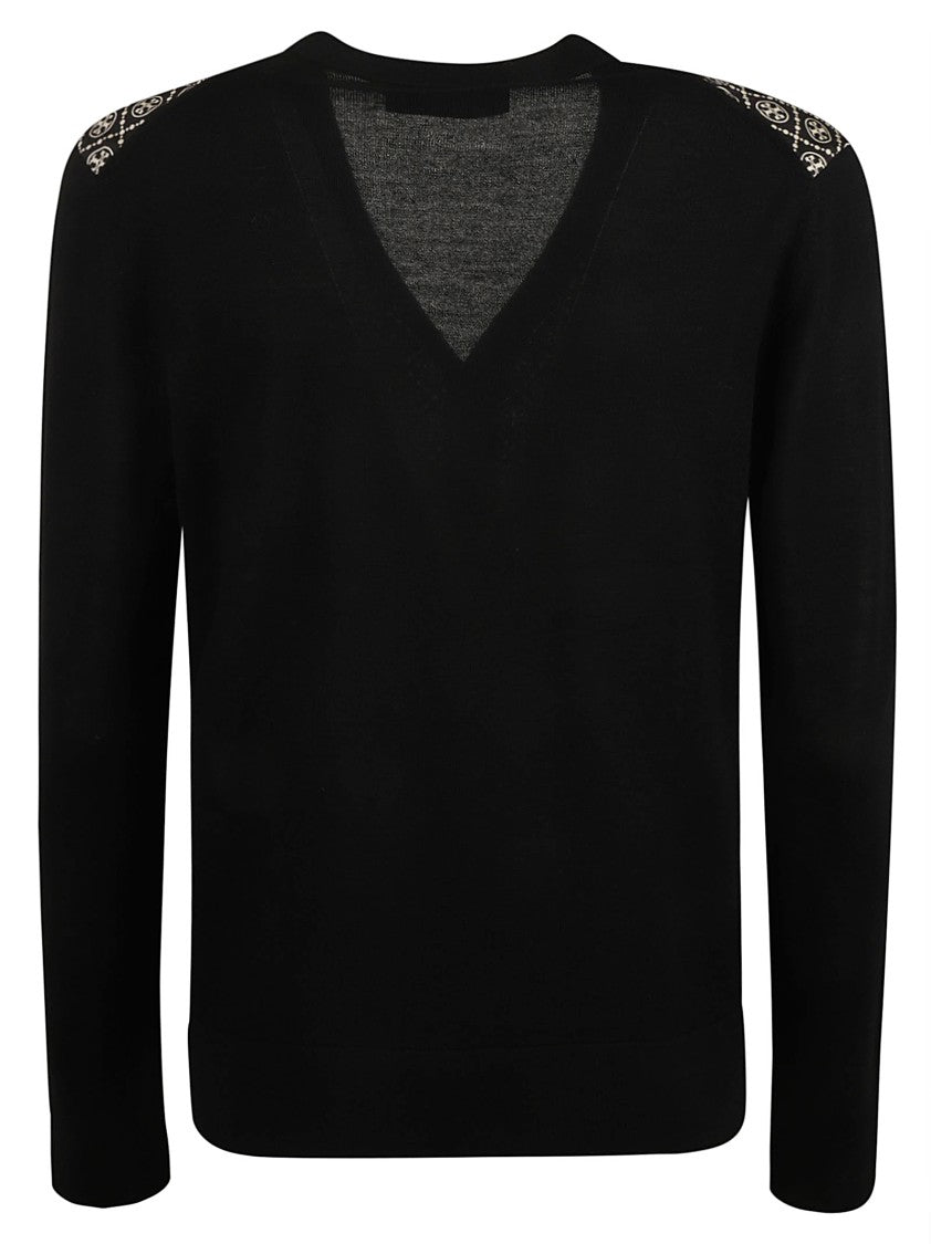 Tory Burch V-Neck Cardigan Sweater With Patterned Fabric
