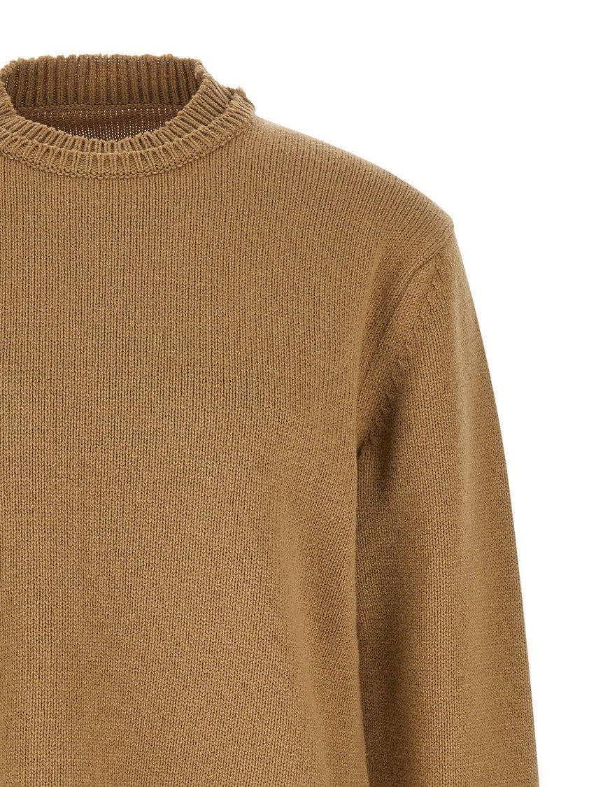 Maison Margiela Thick Knit Wool Sweater With Suede Patches And Destroyed Details