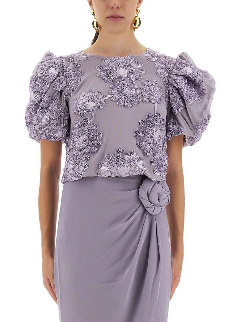 Rotate Birger Christensen 3D Floral Mesh Top With Voluminous Puff Sleeves