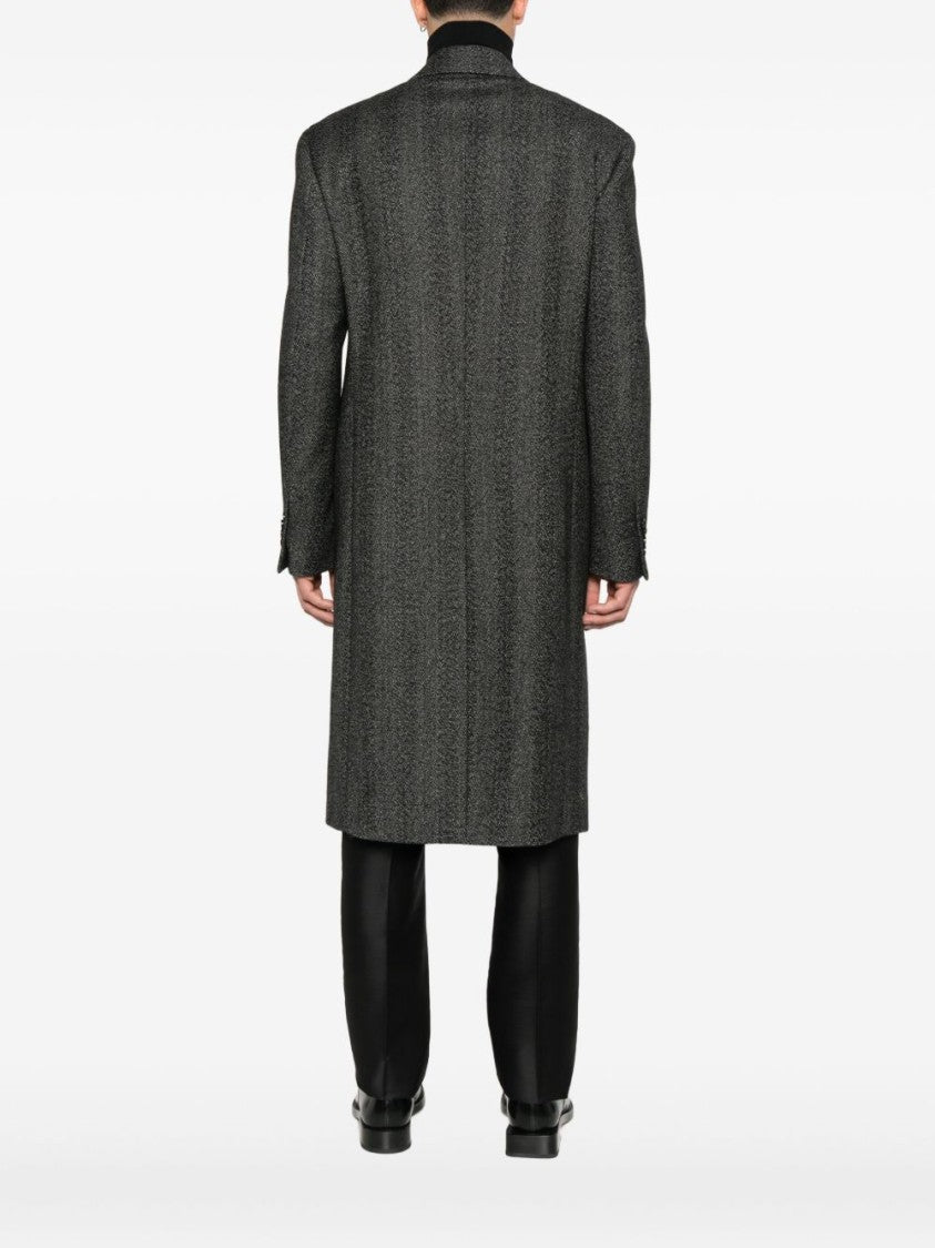 Lardini Double-Breasted Black Herringbone Coat