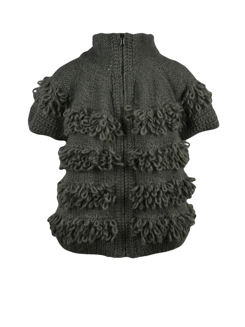 Of Handmade Textured Green Knitted Vest With High Collar And Fringe Detail