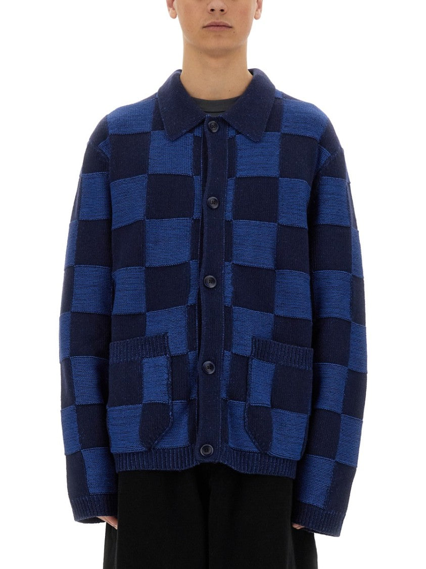 Ymc Blue "Baker" Bold Checkerboard Cardigan