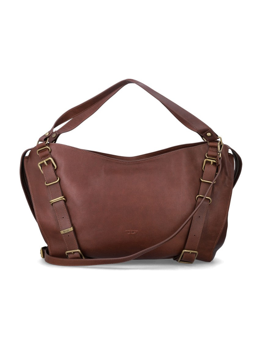 Diesel Structured Brown Leather Tote With Top Handle And Adjustable Straps